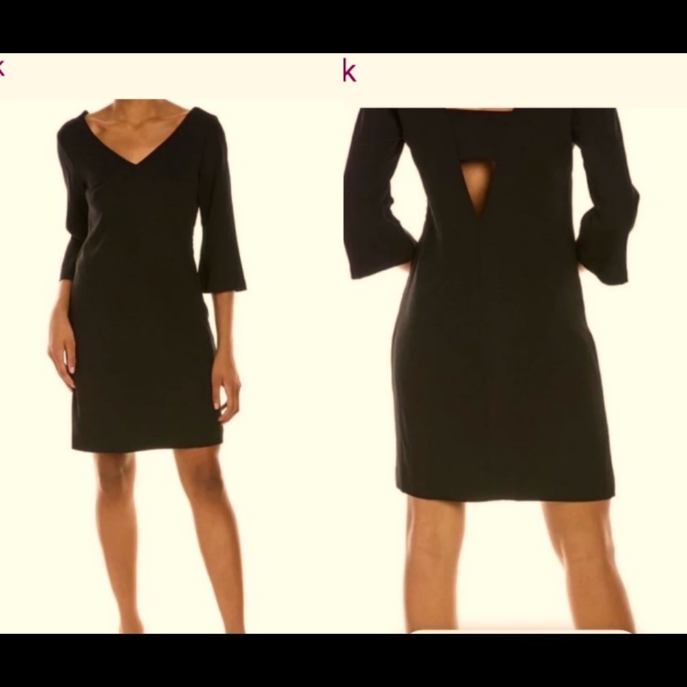 NWT $288 Trina Turk Malbec 3/4 sleeve dress in black, beautiful detail in back S